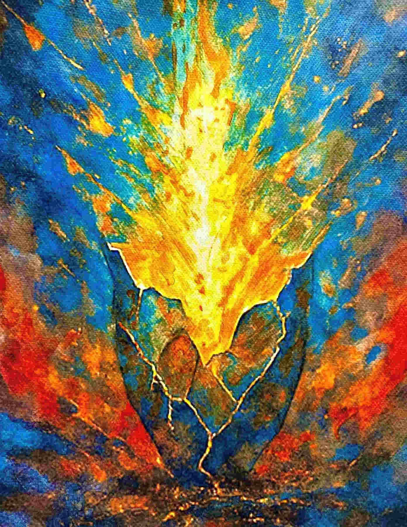 A colorful painting of contemporary Jewish art showing a vase exploding with shards of light representing a Tikkun Olam theme.