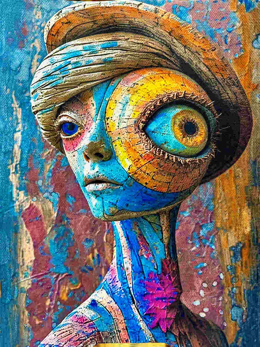 A colorful abstract artwork of a woman with large, wide-open eyes, one eye covered by a large eye-shaped pattern, with vibrant blue, yellow, pink, and orange hues, textured brushstrokes, and surreal elements.