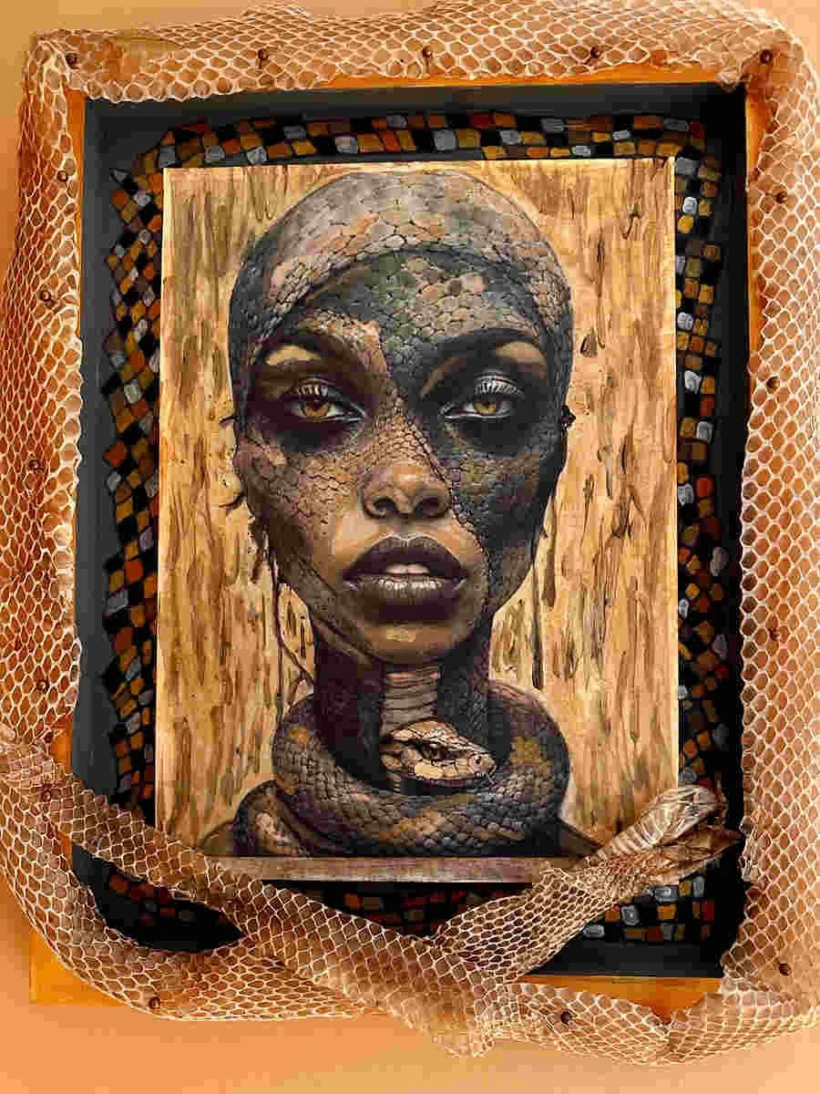 Artistic portrait of a woman with a snake around her neck, blending human and snake features, framed with genuine snakeskin shed..