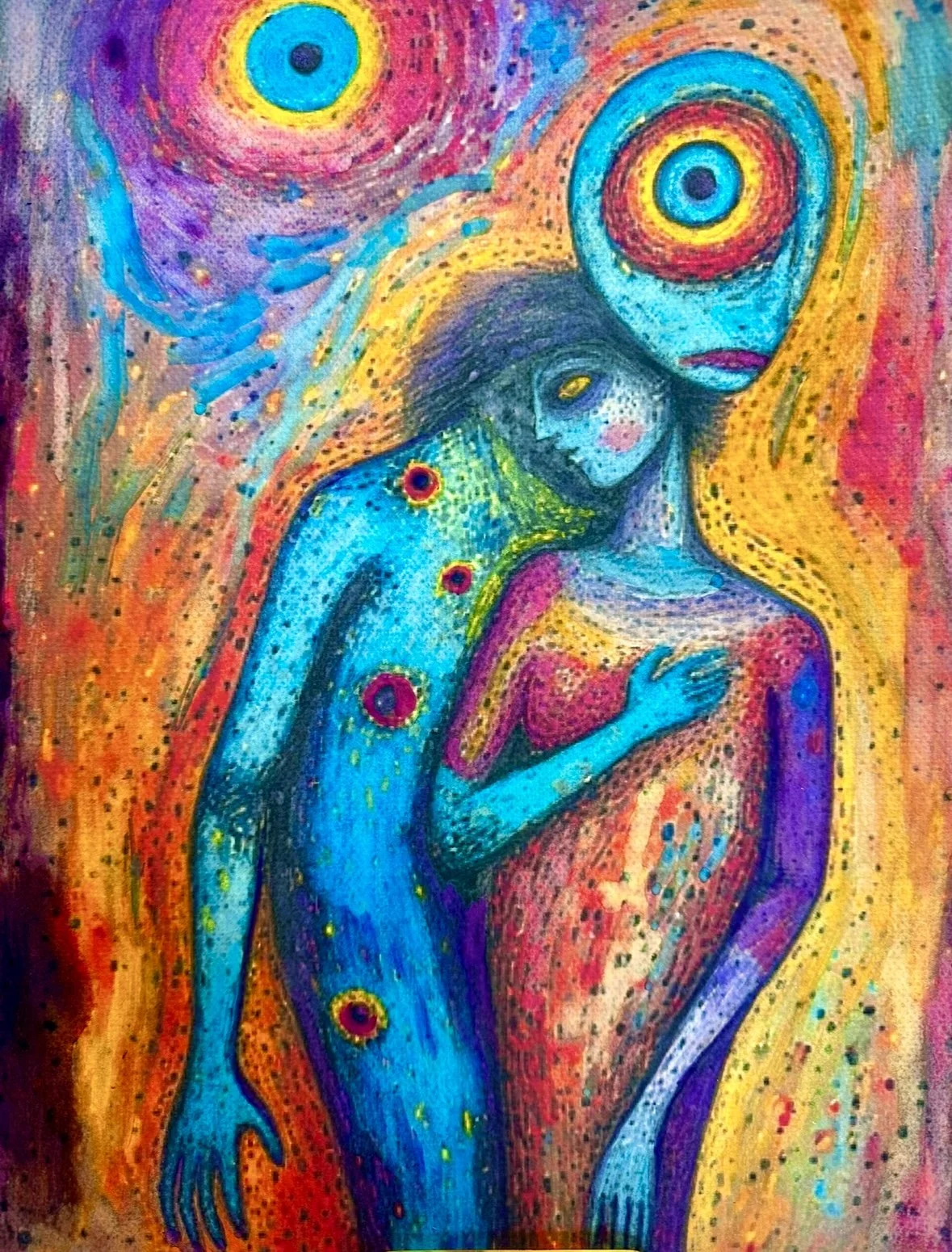 Colorful abstract painting of a woman with blue skin, surrounded by vibrant swirls and patterns, with two large circular eyes in the background.