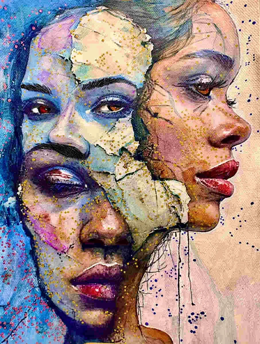 A colorful abstract painting of three women's faces, with features blending into a mosaic of splashes and dots of paint.