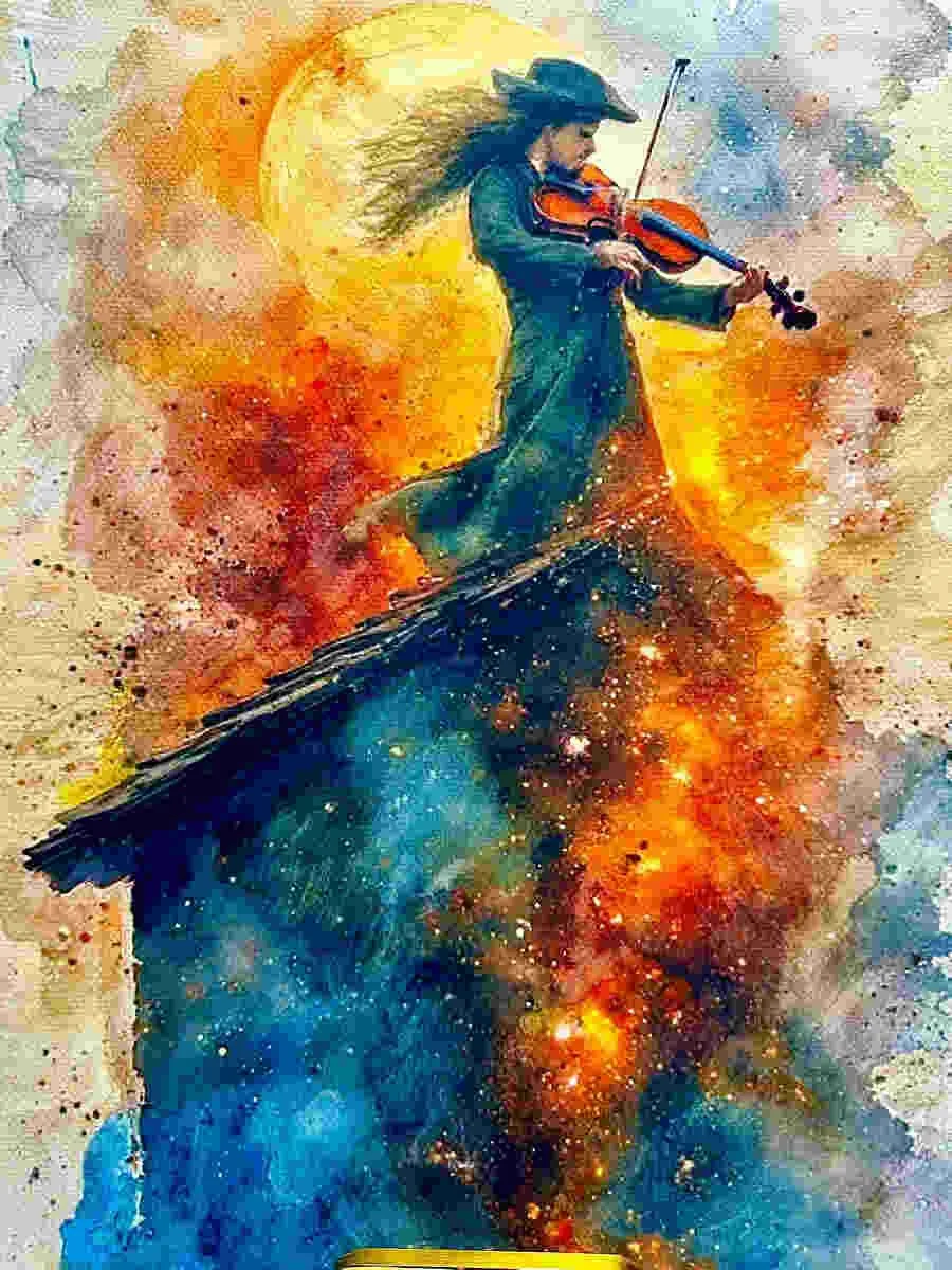 A colorful painting of a contemporary jewish person standing on a rooftop playing a fiddle and remembering Fiddler on the Roof.