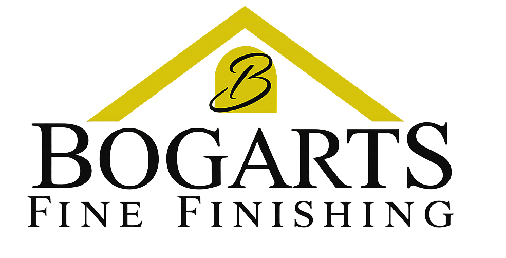 Logo for Bogaart's Fine Finishing featuring a yellow house shape with a stylized 'B' inside and the company name in black letters underneath.