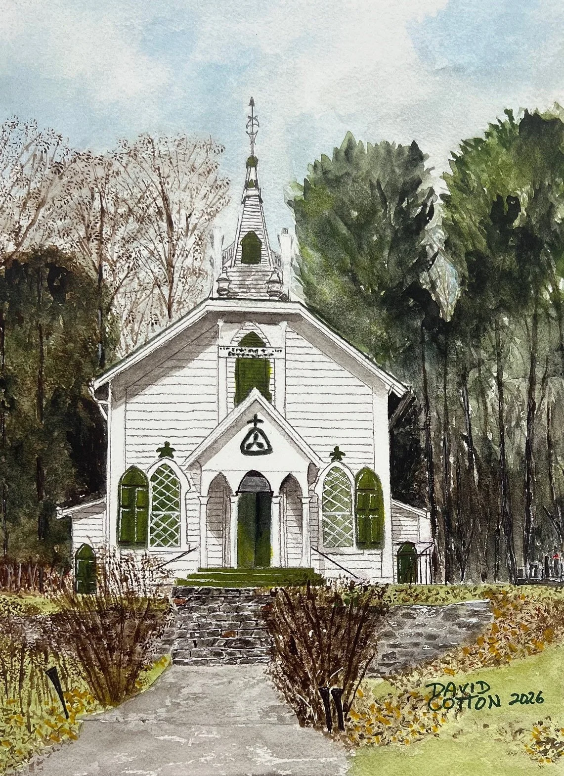 A watercolor painting of a white wooden church with a tall steeple, surrounded by trees. The church has green shutters and a small set of steps leading to its entrance. The artist's signature, 'David Cotton 2026,' is in the bottom right corner.