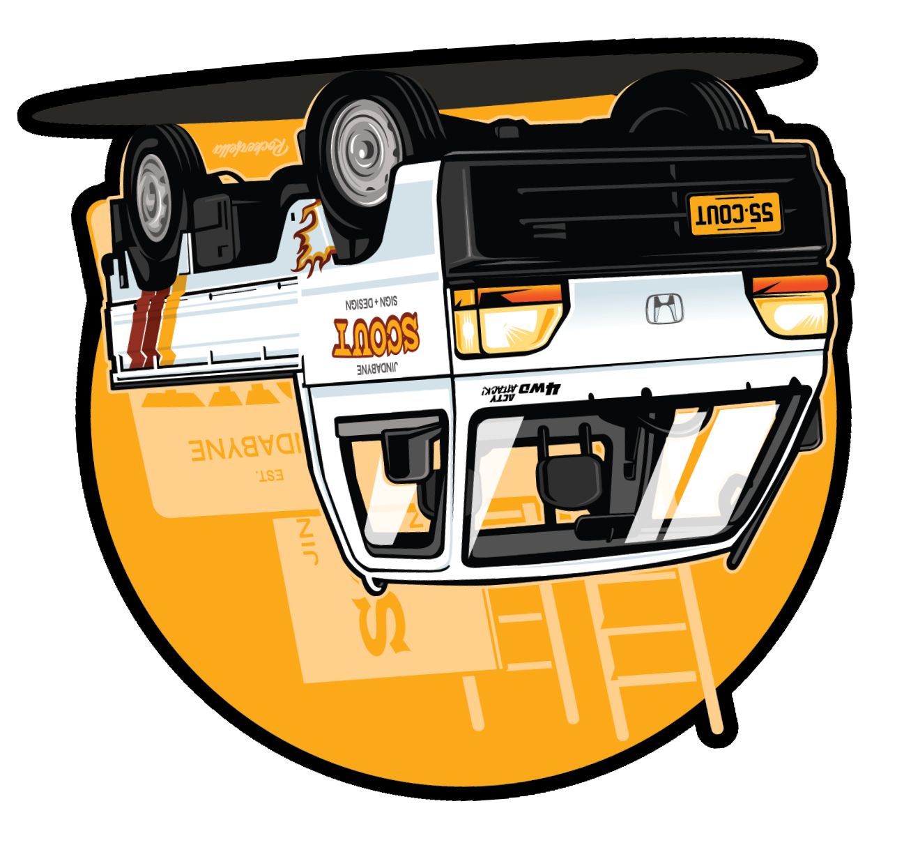 A cartoon of an upside-down delivery truck with orange and white branding, large black tires, and a yellow license plate, reflected in a circular yellow background.