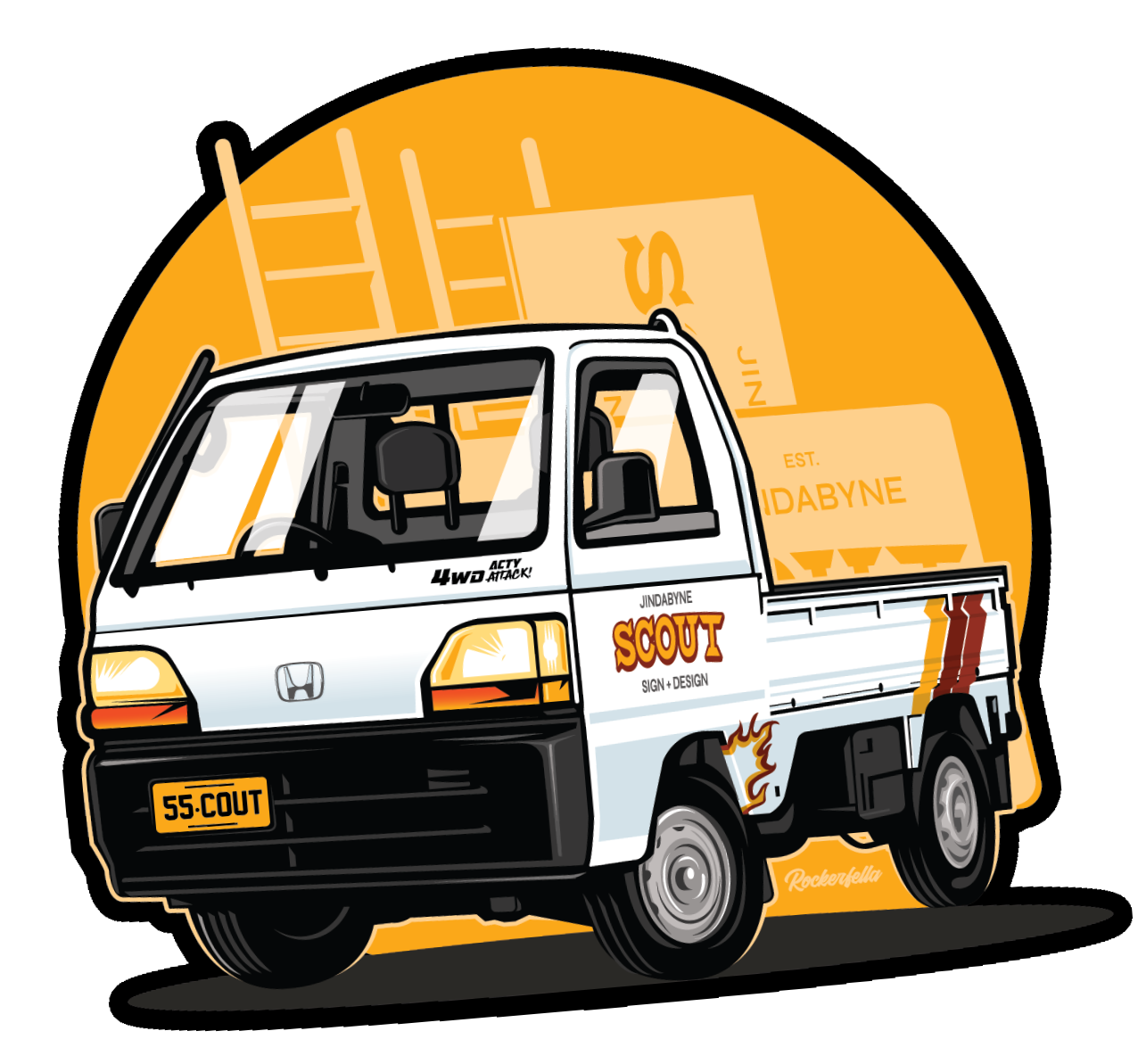 A cartoon illustration of a white Honda mini truck with orange and red decals, parked on a dark surface, with a large yellow circular background featuring sketches of dollar bills and a paper with 'JINDABYNE' written on it, along with a signature 'Rockefeller' in the bottom right corner.