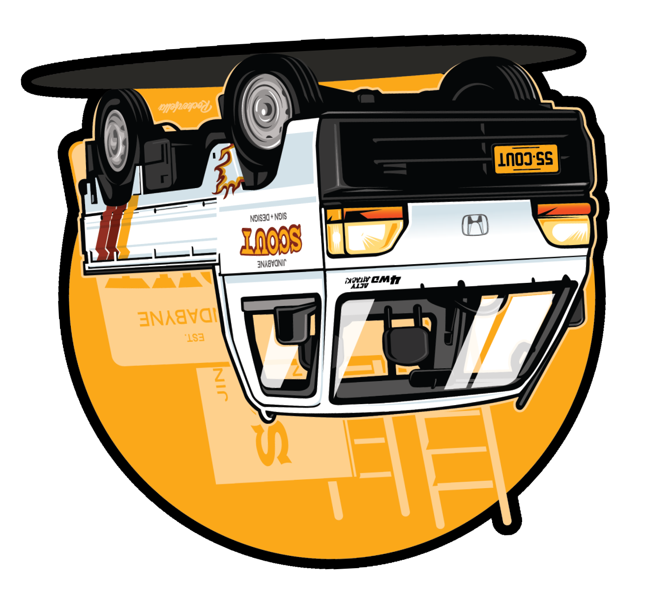 Illustration of a white and black Uber delivery van with orange accents, upside down, on a circular orange background with parking lot lines. The van has a 'Scoot' logo and appears to be a Honda. The image is stylized and cartoon-like, showing the interior through the windshield.