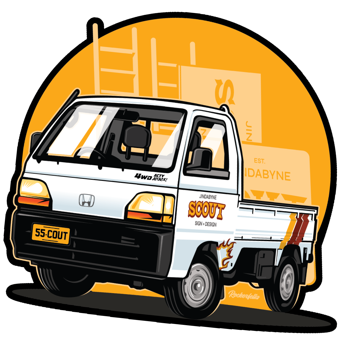 Cartoon illustration of a small white Honda pickup truck with decals, parked in front of a yellow background with text and shapes. The truck has a sign reading 'Scout' and a license plate 'SS-Cout'.