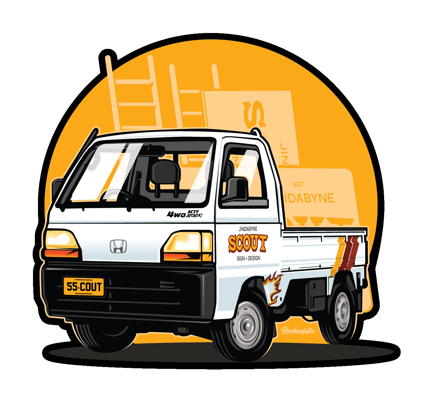 Illustration of a small white Honda pickup truck with Scout design and yellow license plate, parked on a black background with an orange circle and stacked boxes in the background.