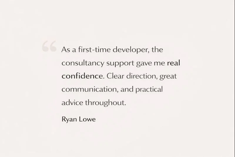 Quote about first-time developer support and confidence by Ryan Lowe on a white background.