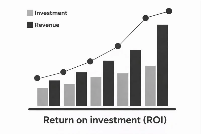 Bar and line graph showing investment and revenue growth over Return on Investment (ROI), with investment in light gray and revenue in dark gray, indicating increasing trends.