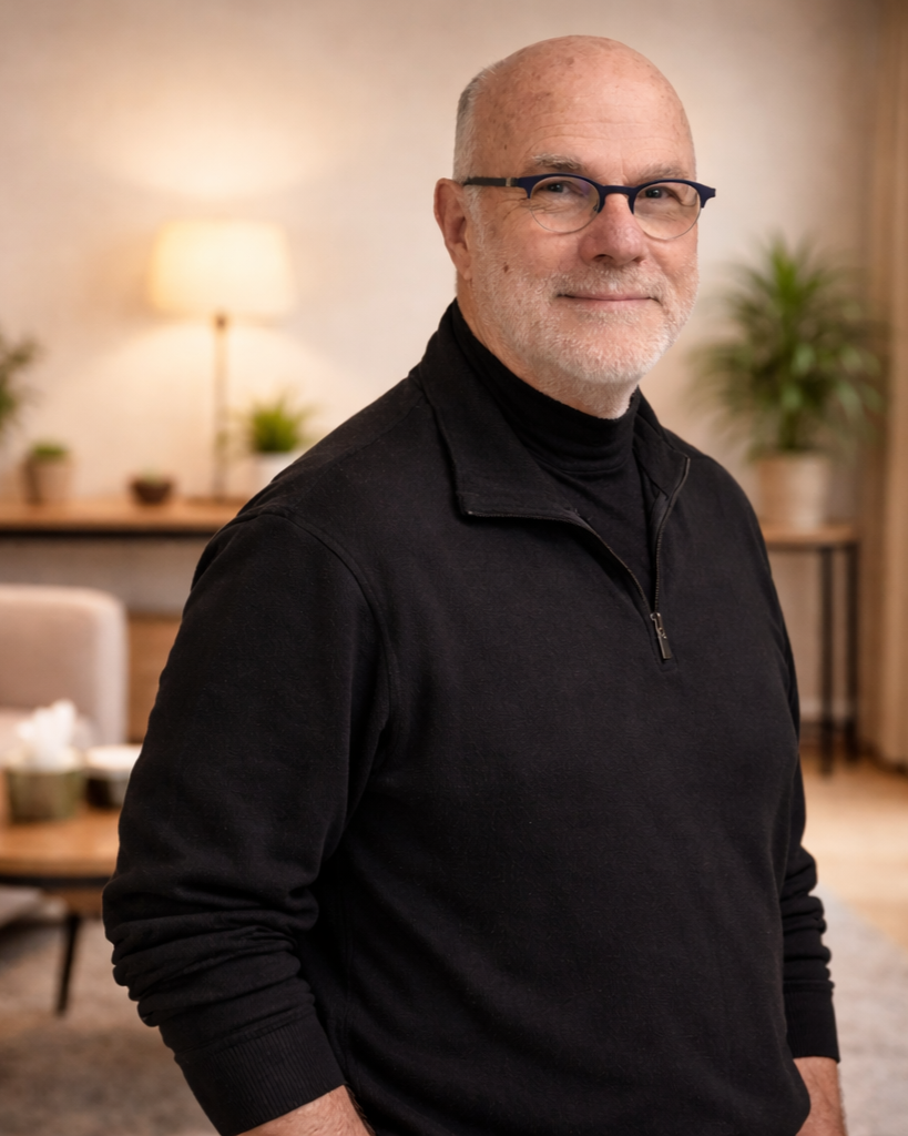 A middle-aged man with glasses and a beard, wearing a black turtleneck and black jacket, standing in a warmly lit room with plants and a table in the background.