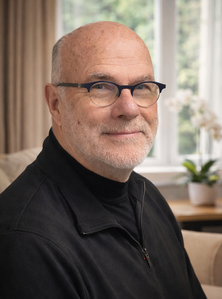 A close-up of an older man with a beard and glasses, smiling gently, indoors near a window with a potted plant and curtain in the background.