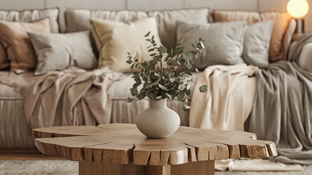 A living room with a beige sofa, multiple pillows, and throws, and a wooden coffee table with a vase of eucalyptus leaves.