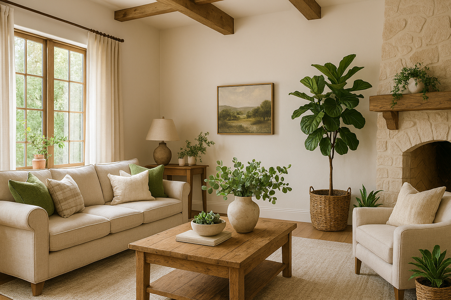 Living room with beige sofa, green and beige cushions, armchair, wooden coffee table with potted plants, large window with curtains, and a stone fireplace with wooden shelves and plants.