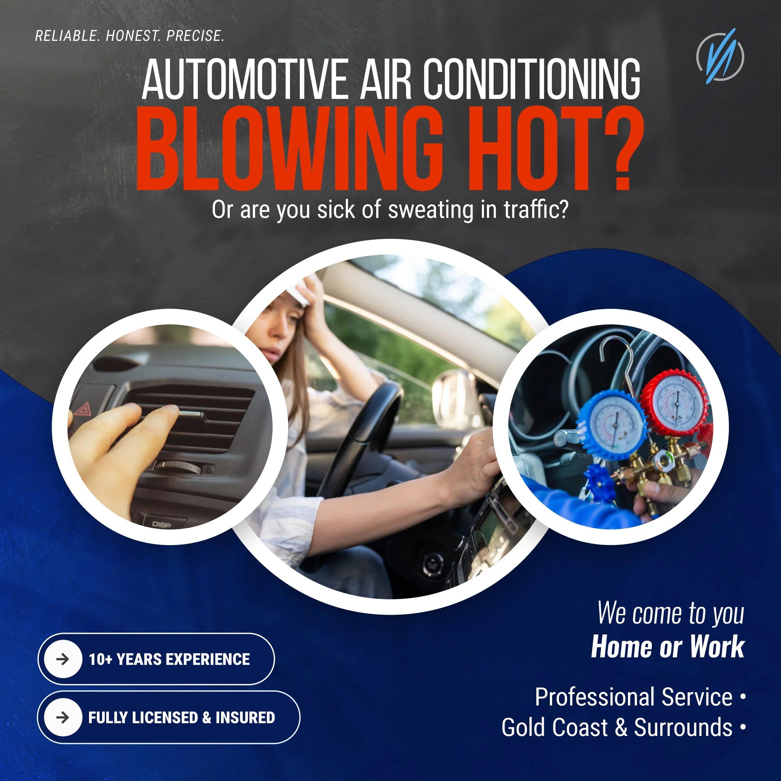Advertisement for automotive air conditioning service featuring images of a woman in traffic, a technician handling refrigerant gauges, and a close-up of a car air vent. The ad highlights experience, licensing, and professional service.