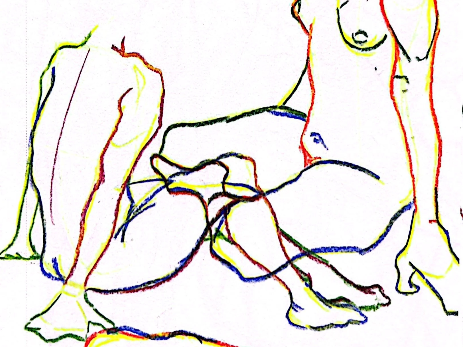 Line drawing of five nude human figures in various poses, with outlines in multiple colors.