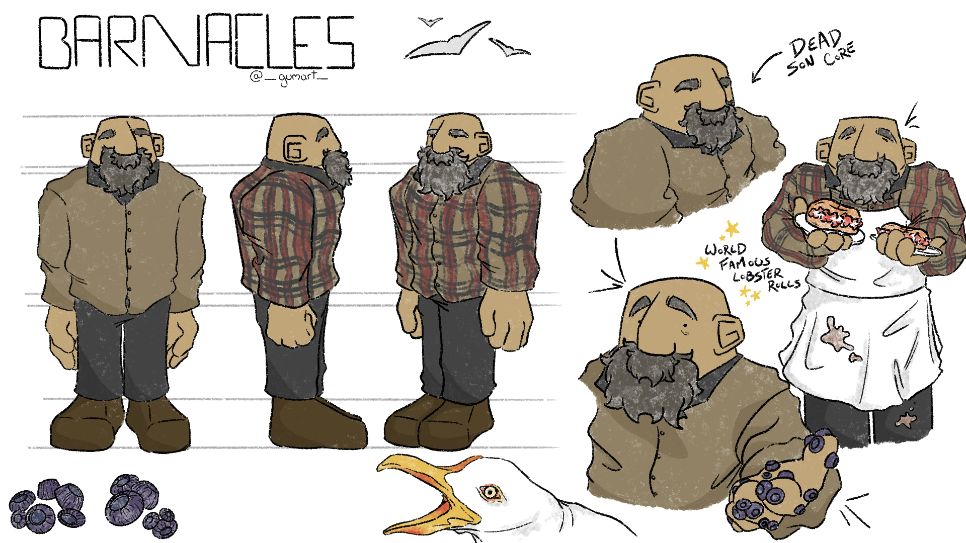 Sketch of a man with a beard and bald head in different poses, wearing different clothing styles including a button-up shirt, jacket, and apron. Some sketches include added details like blueberries, a lobsterman hat, and a lobster roll. There's a large bird's head with an open beak, and handwritten notes mentioning a 'dead son core' and 'world famous lobster rolls.' The background shows horizontal lines, suggesting a lineup or model sheet.