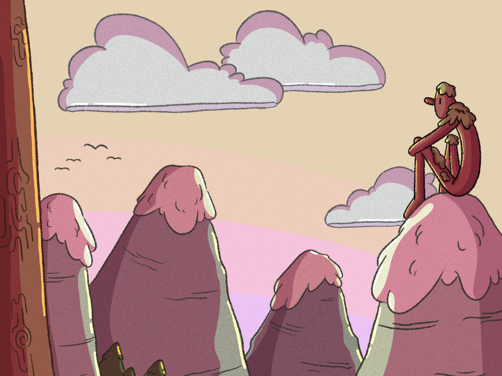 Illustration of a forest mountain sunset, onto of one of the mountains sits a giant looking at the birds in the distance.
