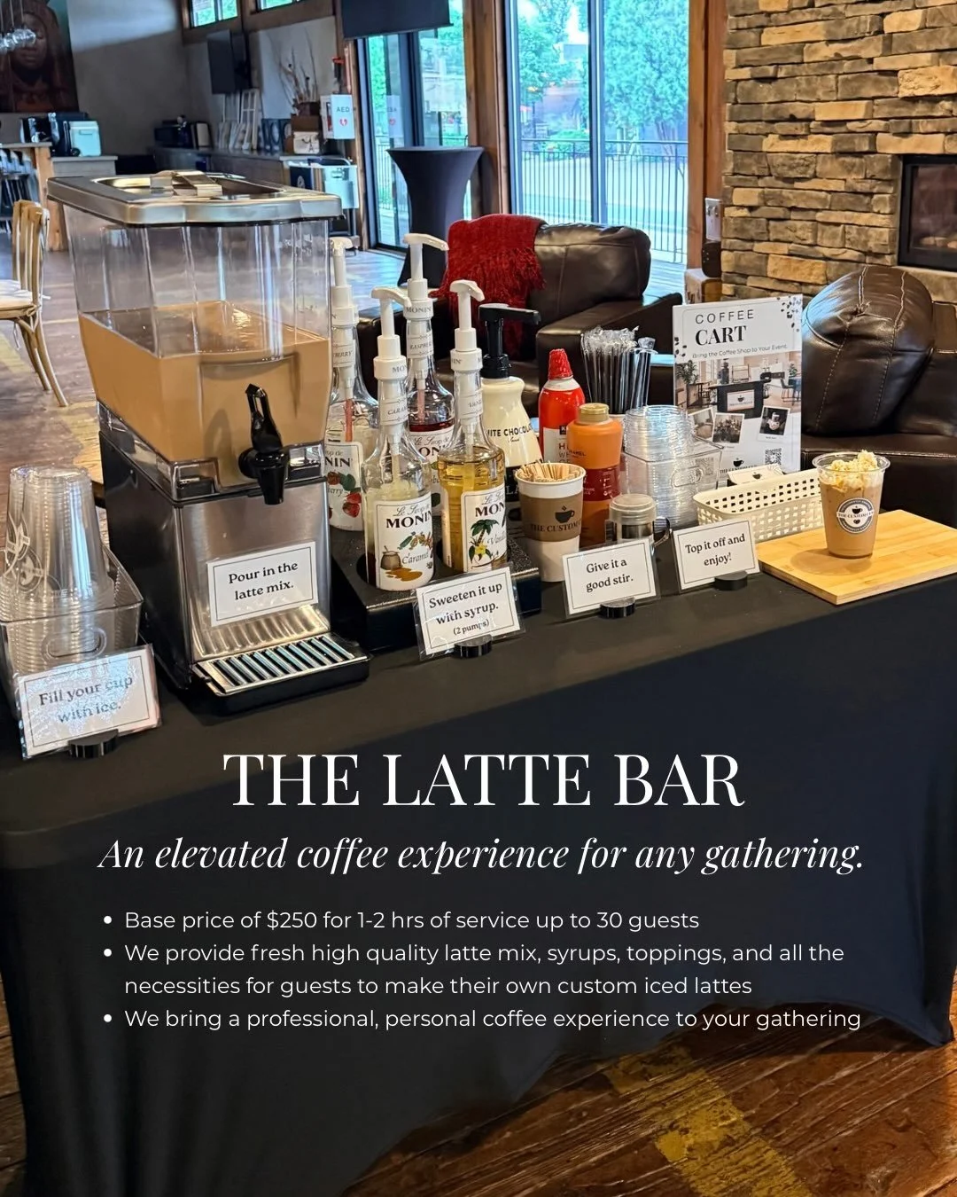 This option is quickly becoming one of my favorites! The Latte Bar. 

Our Latte Bar brings a professional, elevated coffee experience to your gathering. 

We customize the experience to fit your event, your guest count, and your budget. From small me