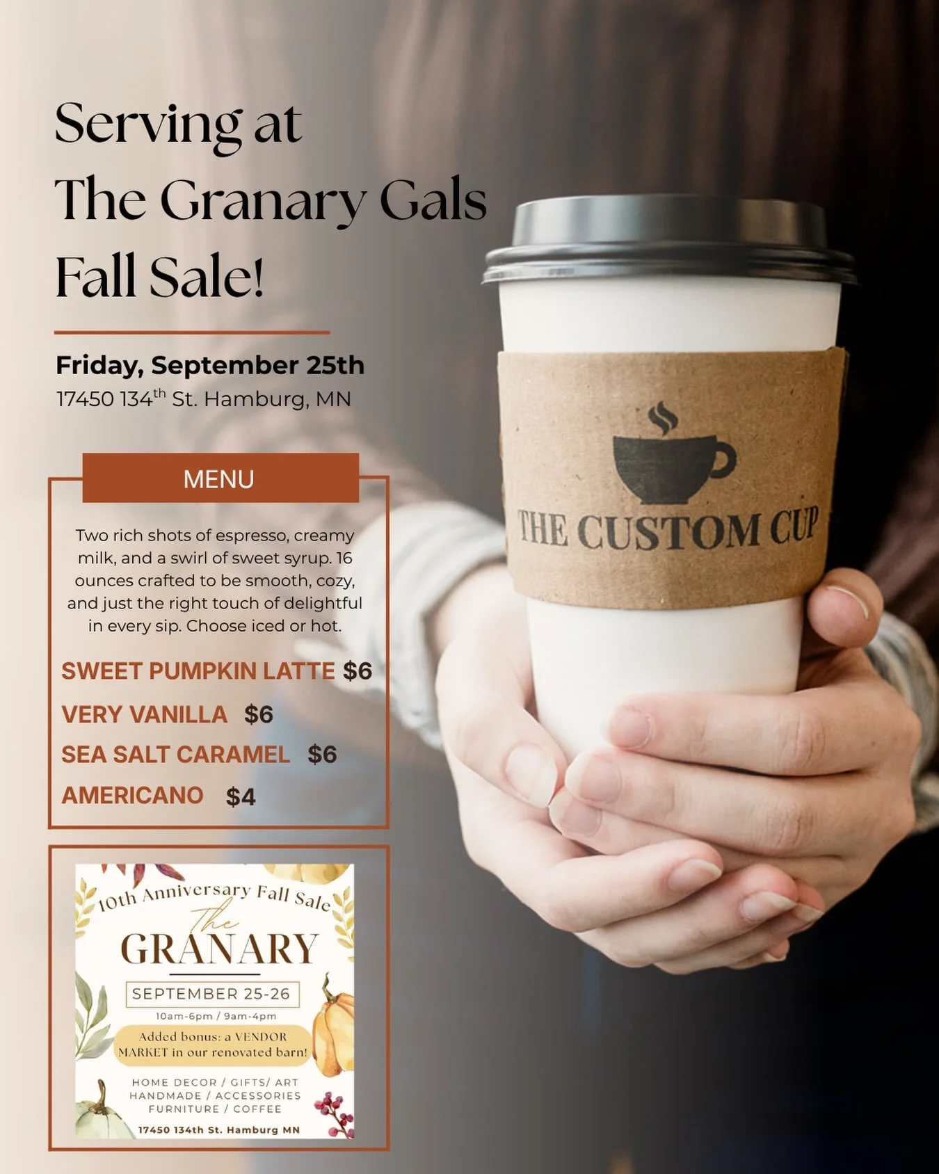 🍂☕️ FALL SHOPPING + COFFEE?! Yes, please. 

We are SO excited to be serving at The Granary Gals Fall Sale! This is one you definitely won&rsquo;t want to miss. Come browse an amazing lineup of one-of-a-kind treasures, unique finds, local vendors, yu