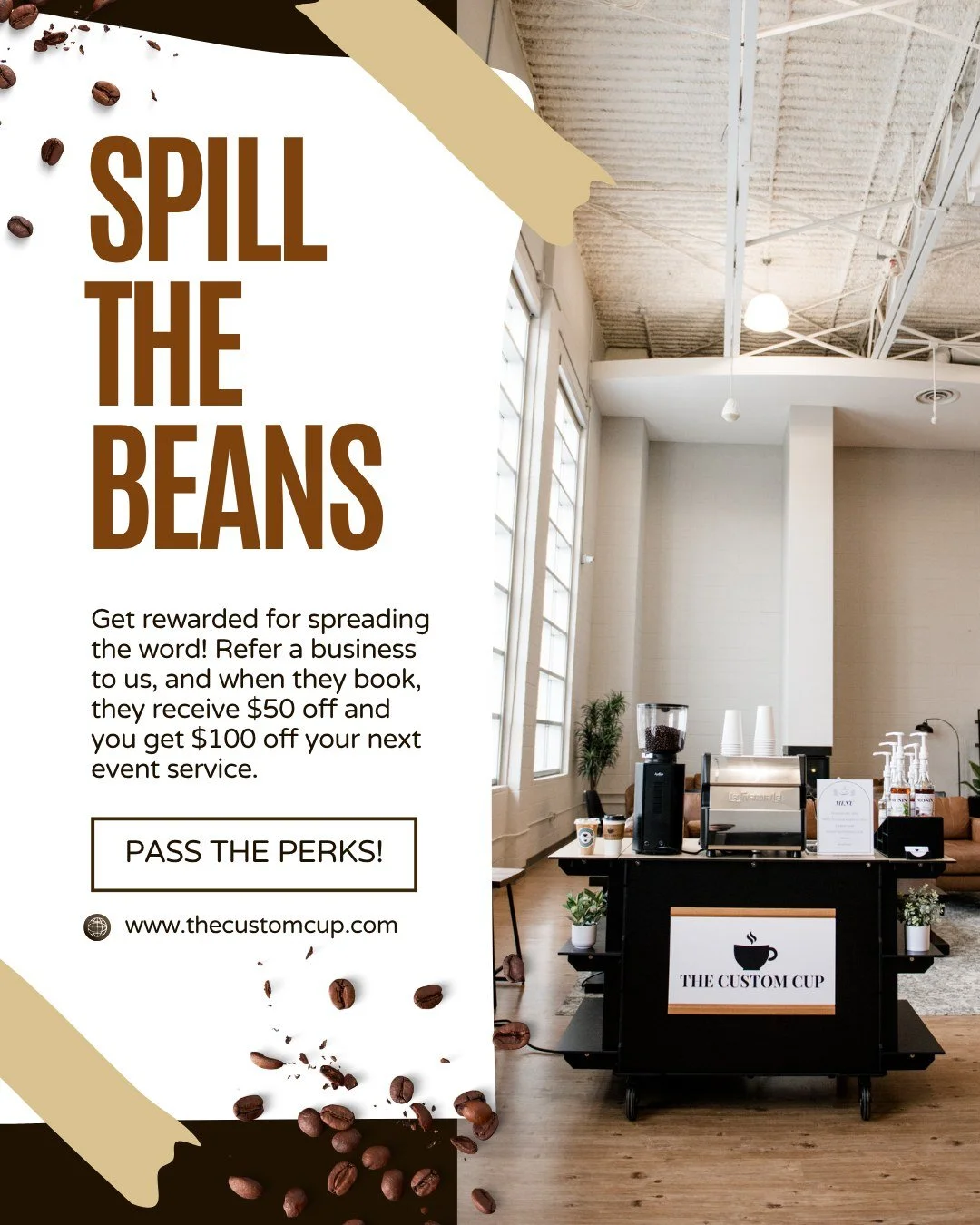 Give coffee. Get $100. It&rsquo;s that simple! 

We love fueling your events, and we&rsquo;d love to serve your network too. Introduce our mobile coffee cart to another business, and once they book, we&rsquo;ll drop a $100 credit straight onto your n
