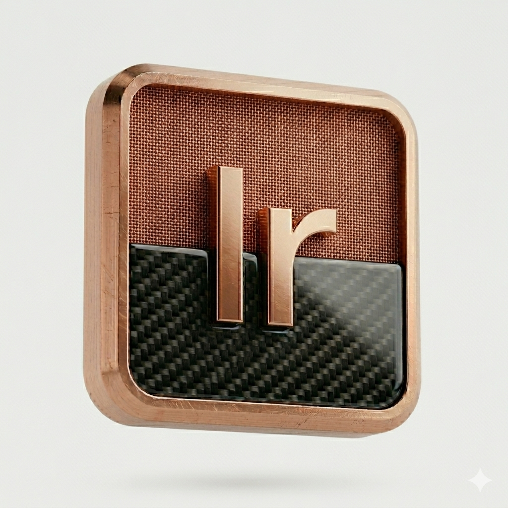 Close-up of a square emblem with a rose gold framed front, divided into red and black textured sections, featuring a metallic rose gold letter 'r' in the center.