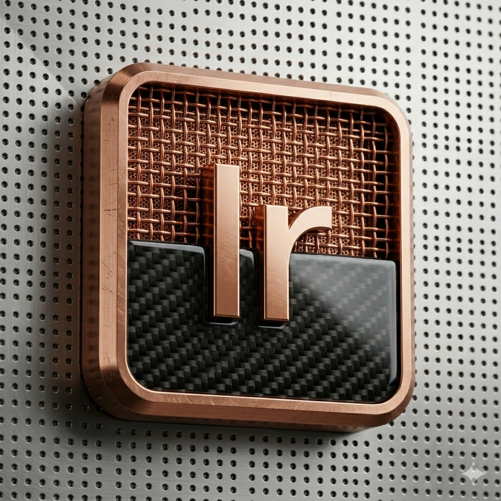 A square sign with a metallic border, featuring the letter 'r' in the center on a background that combines a copper-colored grid and a black and gray carbon fiber pattern, mounted on a perforated metallic surface.