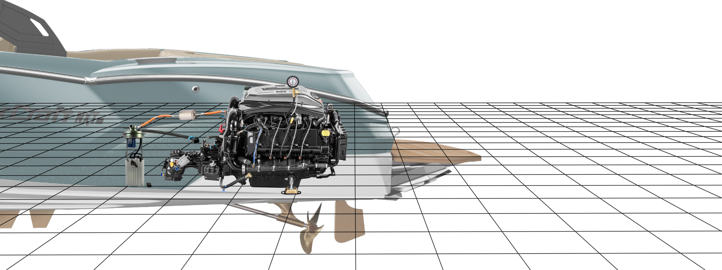 Render of a boat with an outboard motor and an attached testing device on a grid-patterned surface.