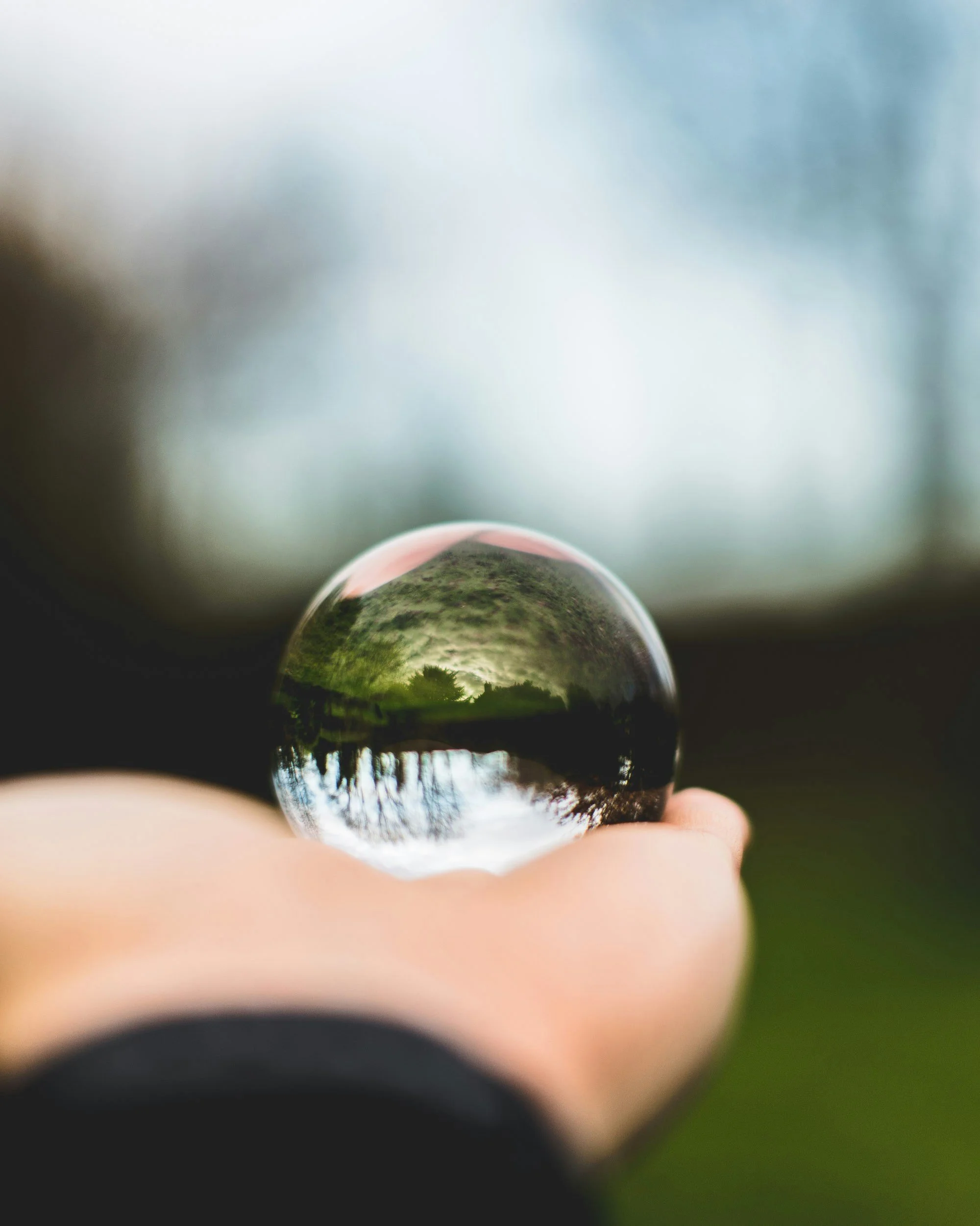 a glass ball in a hand. it reflects the landscape upside down.