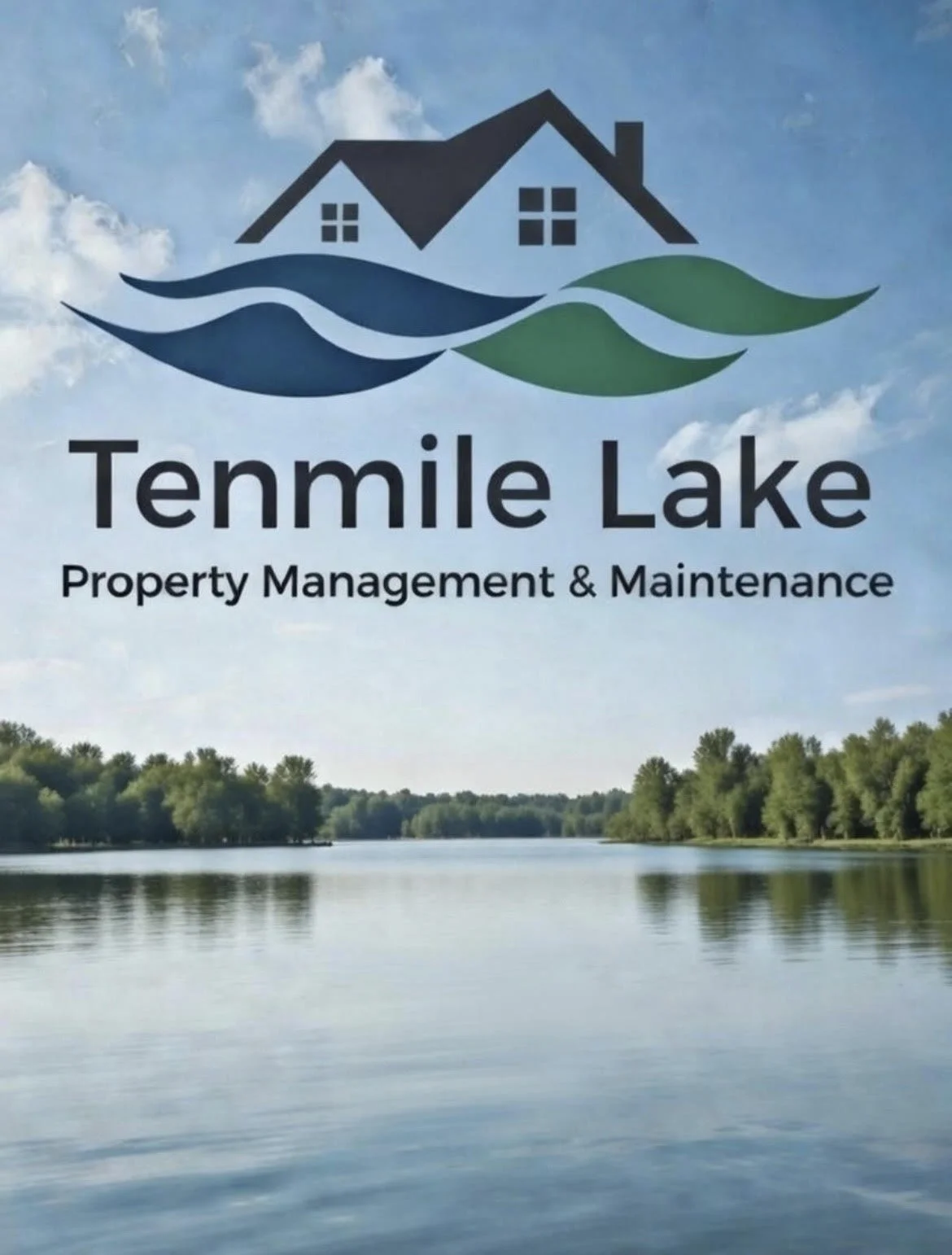 Logo for Temmile Lake Property Management & Maintenance featuring a house and water waves over a lake background.