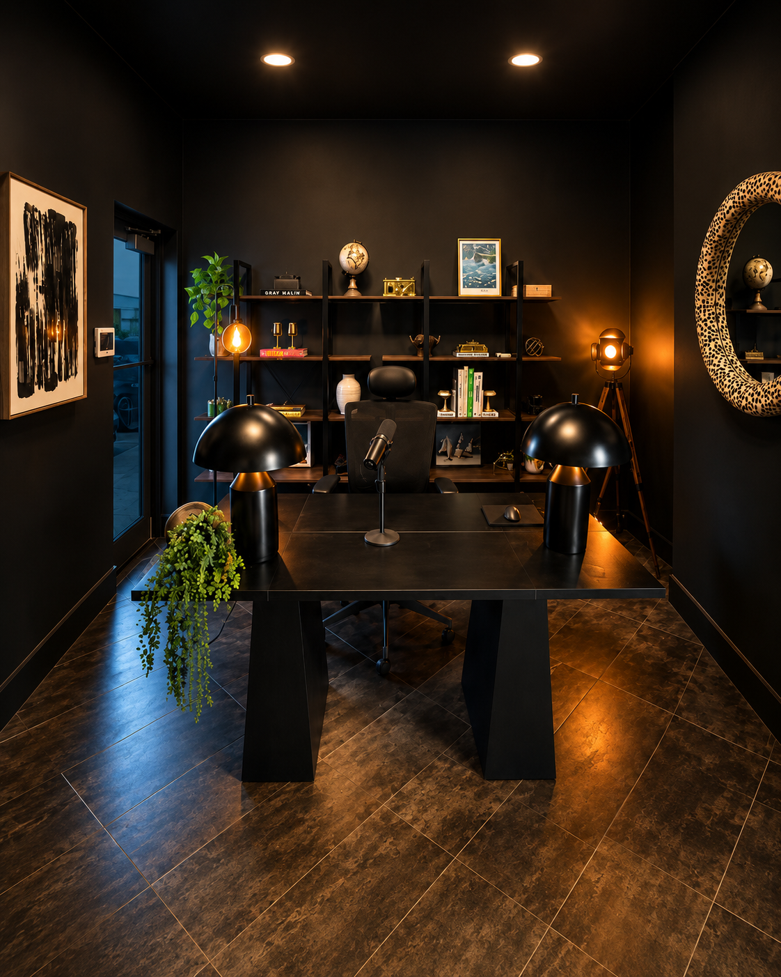 Black modern office with a black desk, two black lamps, a chair, a bookshelf with decor items, and warm lighting.