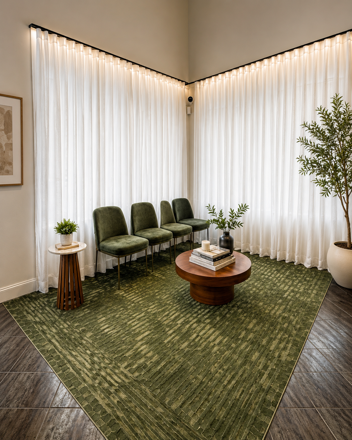 A waiting room with four green velvet chairs lined against a cream wall, white curtains covering large windows, a round wooden coffee table with books and a candle, a small plant on a wooden side table, and a large potted plant in a white pot, all on a green patterned rug.