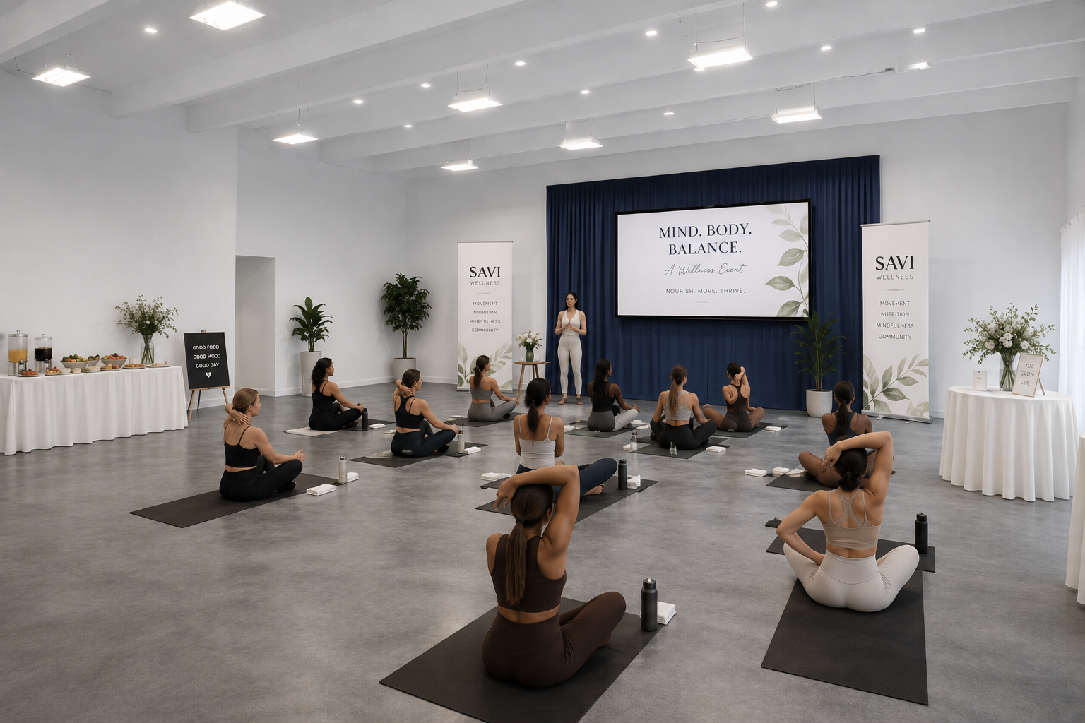 A group of women participating in a yoga or meditation class in a spacious, modern wellness studio. The instructor is standing in front of a large screen with the words 'Mind. Body. Balance.' The room features minimalist decor, plants, and banners fo