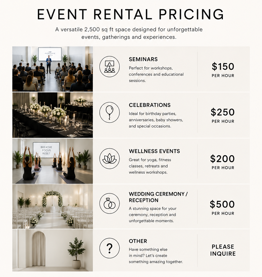 Event rental pricing chart with images of different event setups, including seminars, celebrations, wellness events, wedding ceremonies, and an option to inquire about other arrangements.