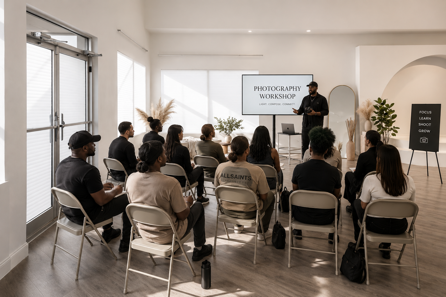A diverse group of people attending a photography workshop in a bright, modern classroom. The instructor stands near a large screen displaying 'Photography Workshop' with the subtitle 'Light. Compose. Connect.' The room features minimalist decor with