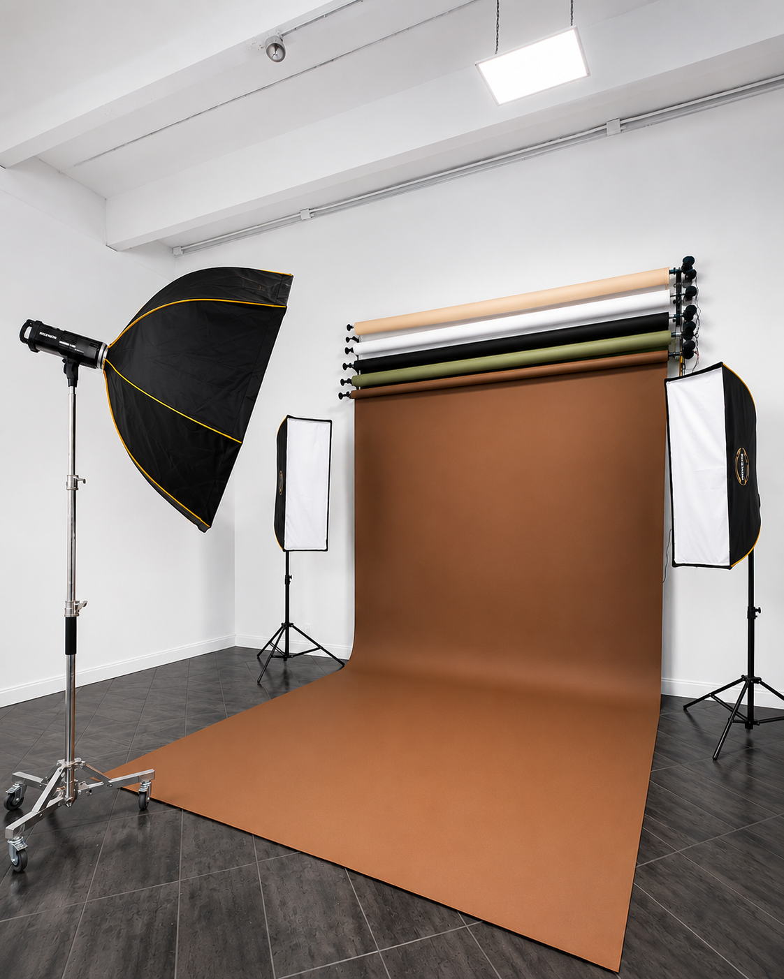 Photography studio with a brown backdrop, softbox lights, studio light, and backdrop rolls on ceiling.