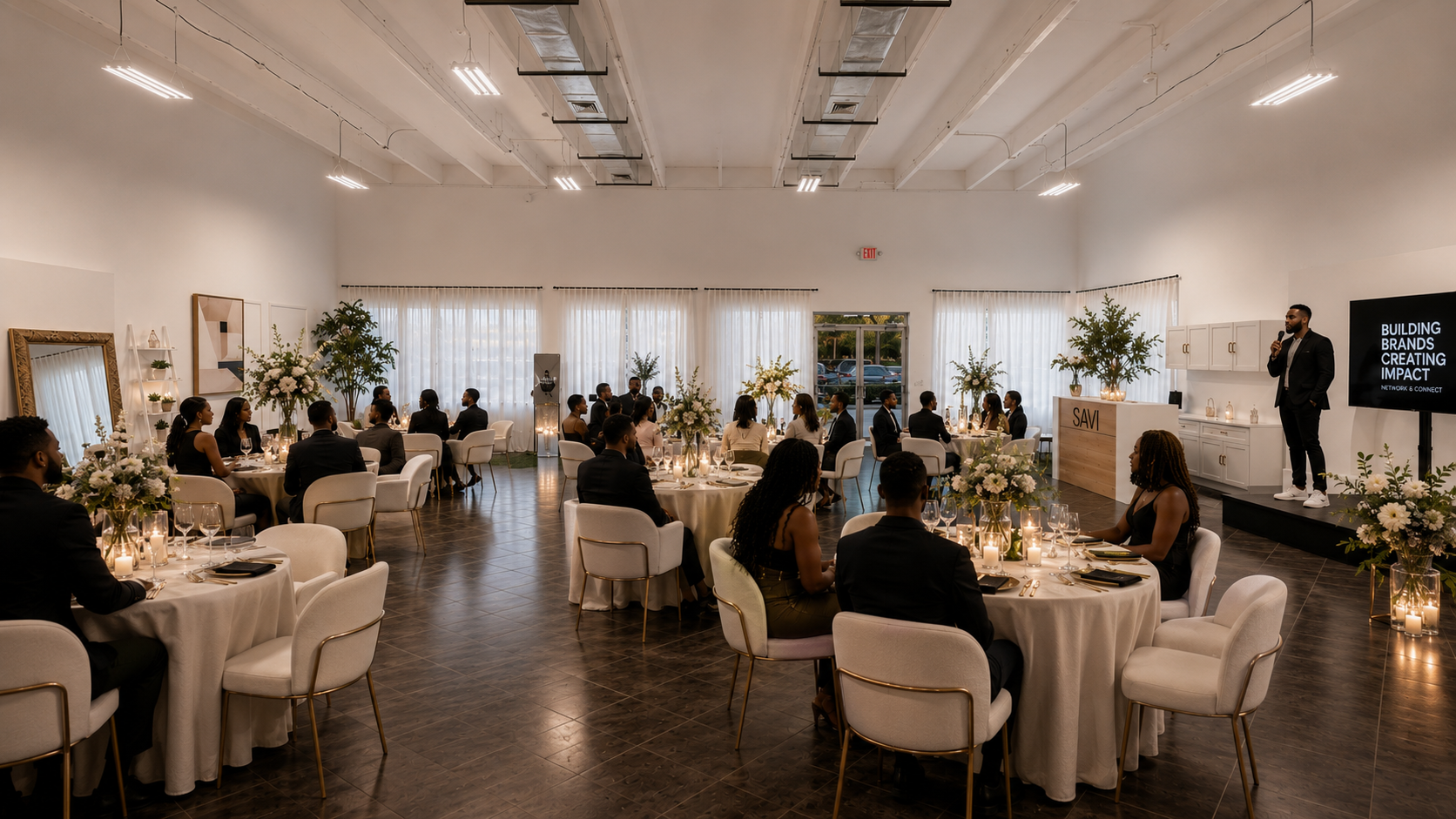 A formal event with guests seated at round tables decorated with white flowers and candles, a speaker dressed in black addressing the audience on a stage, in an elegantly decorated white room with large windows and sheer curtains.