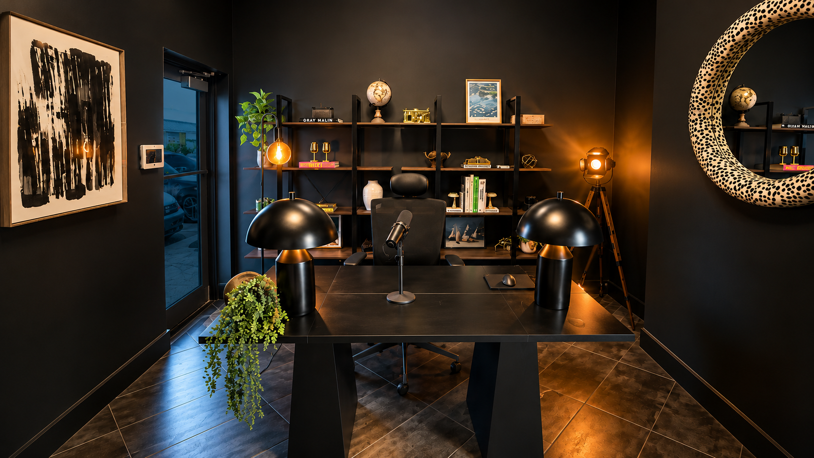 Modern office with black walls, wooden shelves, and a black desk with two black lamps, a microphone, and a plant. Behind the desk are decorative items, books, and artwork. Large round mirror on the right and a standing spotlight on a tripod. Window on left side with cars visible outside.