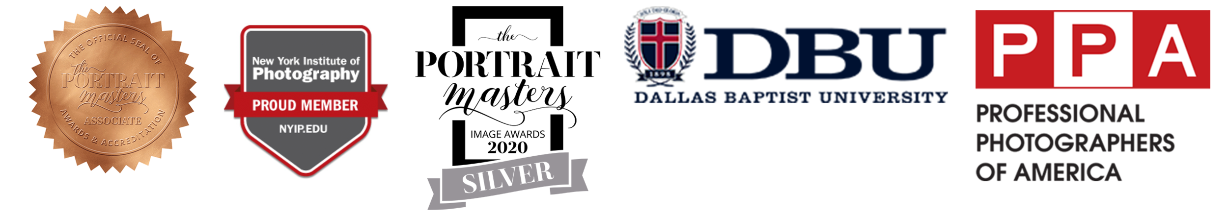 A collection of awards and logos, including a bronze seal for the Portrait Masters Associate, a badge for the New York Institute of Photography, a logo for the Portrait Masters Image Awards 2020 Silver, the Dallas Baptist University logo, and the Professional Photographers of America logo.