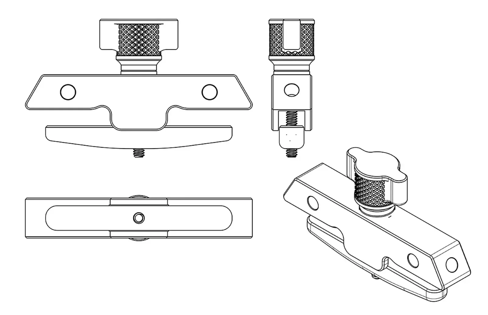 Technical drawing of four mechanical parts, including levers, screws, and knurled knobs.