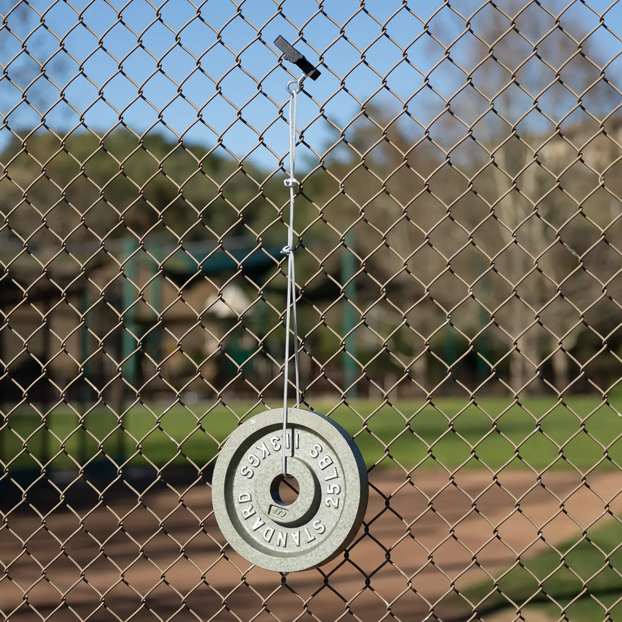 A weight plate hanging from a chain on a chain-link fence at a baseball field with grass and trees in the background.
