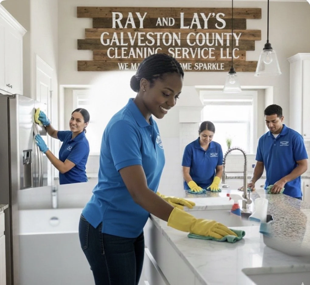 Four people in blue cleaning uniforms and yellow gloves cleaning a kitchen countertop and appliances in a bright, modern kitchen with a large sign on the wall that reads "Ray and Lay's Galveston County Cleaning Service LLC."