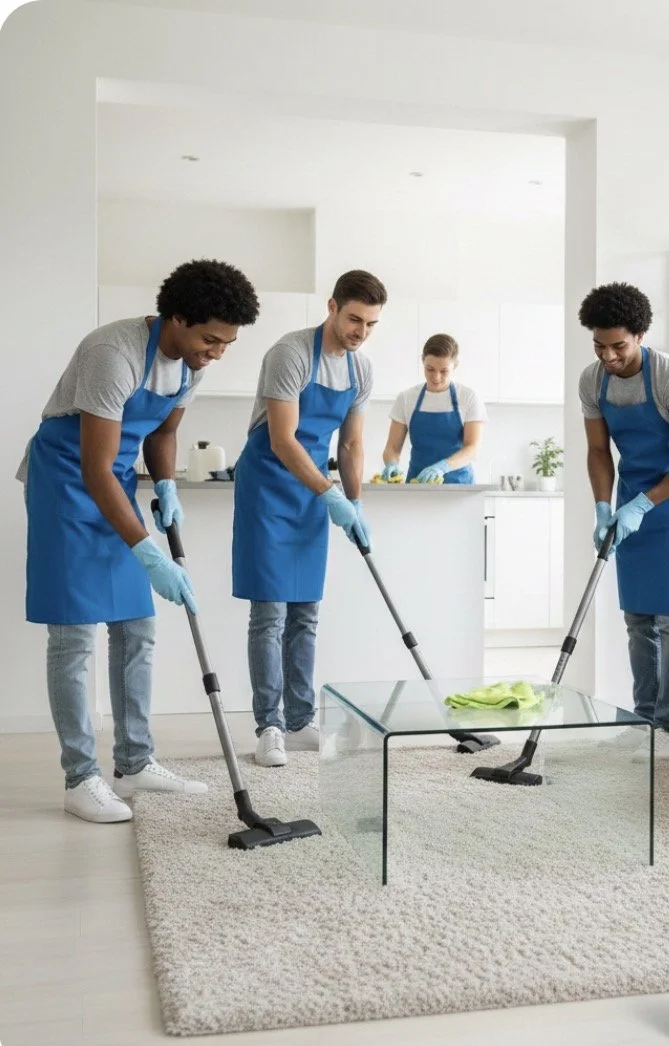 Four men in gray t-shirts, blue aprons, jeans, and gloves are cleaning a glass coffee table with vacuum cleaners in a bright, modern kitchen.