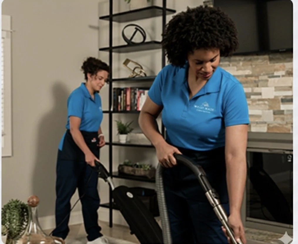Two women in blue uniforms vacuuming a living room.