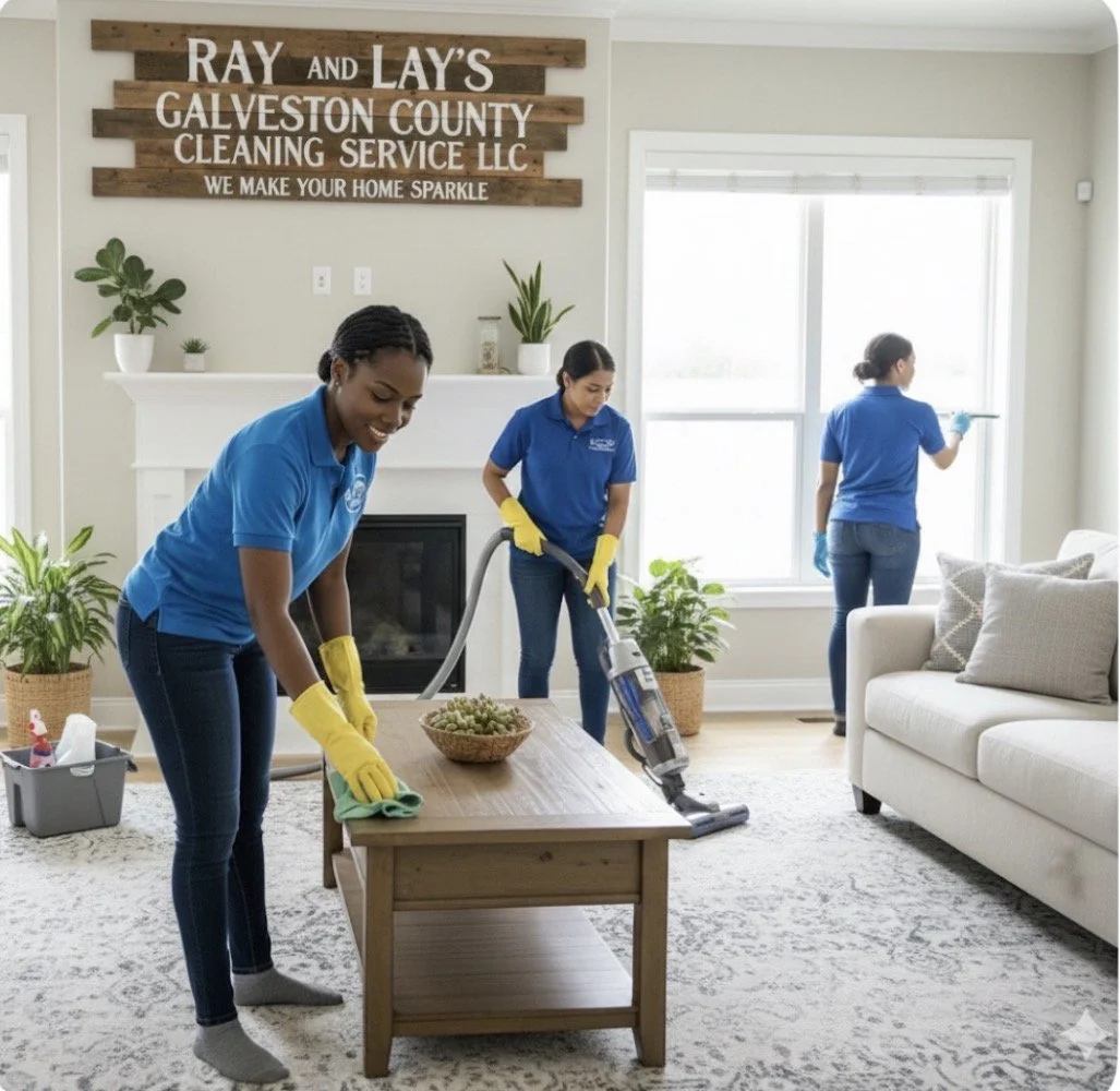 Three women cleaning a living room, wearing blue shirts and yellow gloves. One is vacuuming, another is wiping a table, and the third is cleaning a window. The room has a white couch, potted plants, and a sign on the wall that reads 'Ray and Lay's Galveston County Cleaning Service LLC. We make your home sparkle.'