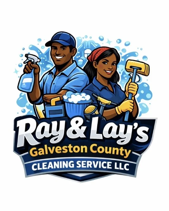 Illustration of a man and woman in cleaning uniforms holding cleaning tools, with bubbles and water splash background, featuring text "Ray & Lay's Galveston County Cleaning Service LLC".