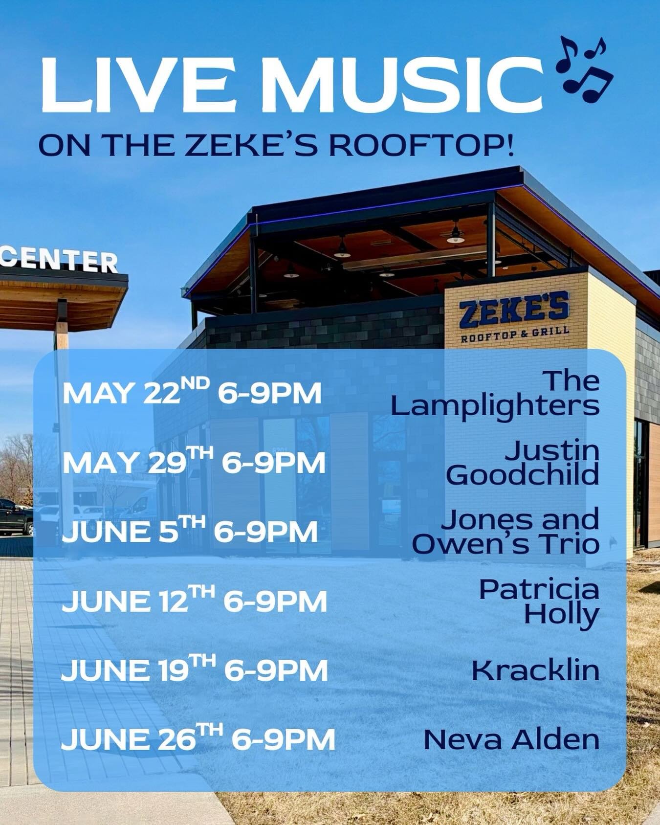 Who&rsquo;s ready for an amazing rooftop season?🤩🎶
Zeke&rsquo;s is kicking off the summer with some LIVE MUSIC out on our rooftop, and you&rsquo;re not gonna want to miss it!
Get these dates in your calendar, and we&rsquo;ll see you soon😉🗓️

#zek