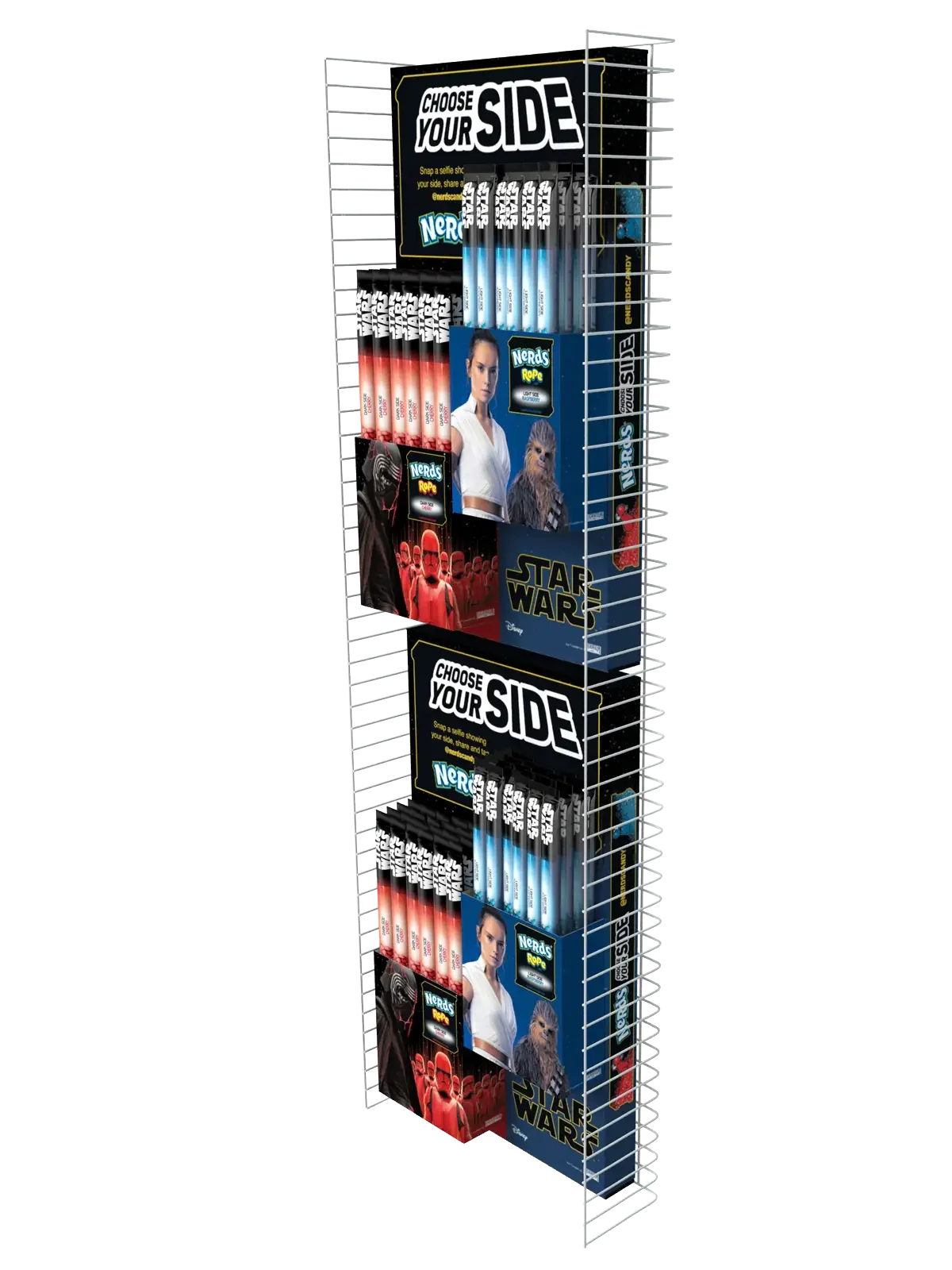 A retail metal display rack showcasing Star Wars-themed Nerf toy blasters and accessories, with signage instructing to choose a side.