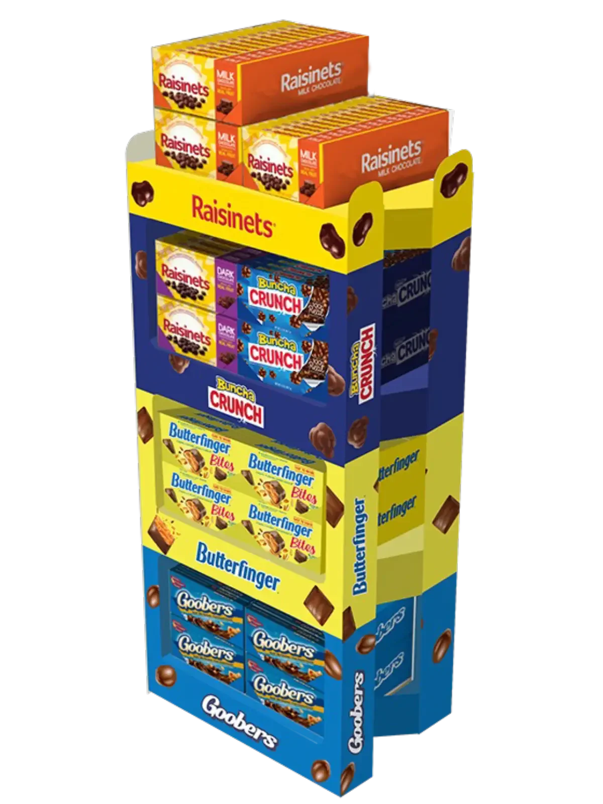 A display stand with various chocolate candy boxes, including Raisinet, Buncha Crunch, Butterfinger, and Goobers.